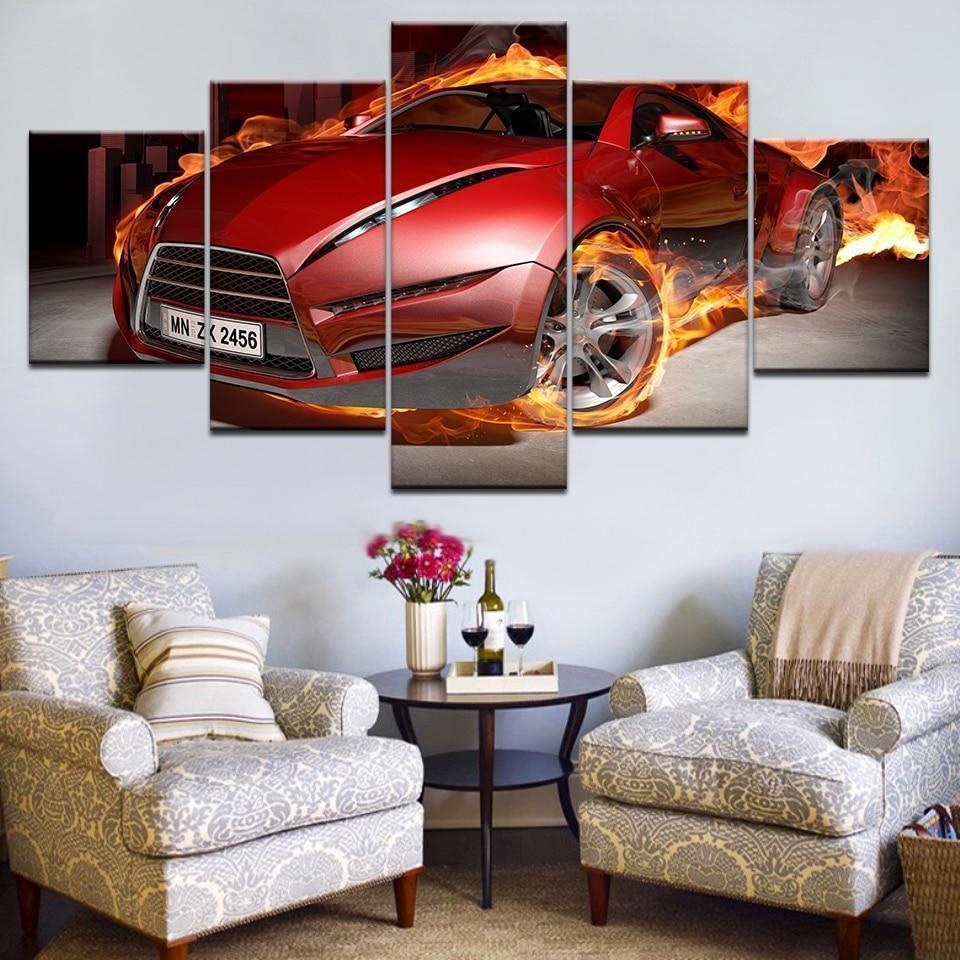 Red Flame Sport Car &amp;amp; Motor Canvas Wall Art