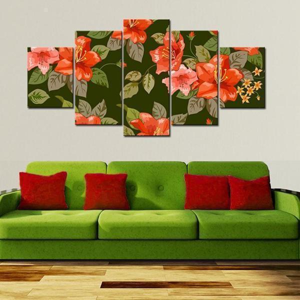 Red Flowers Green Leaves Nature Canvas Wall Art