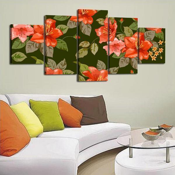 Red Flowers Green Leaves Nature Canvas Wall Art