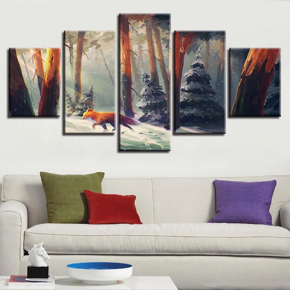 Red Fox In The Winter Forest Animal Canvas Wall Art