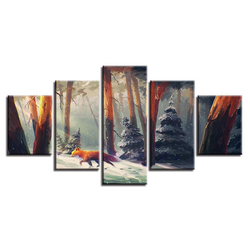Red Fox In The Winter Forest Animal Canvas Wall Art