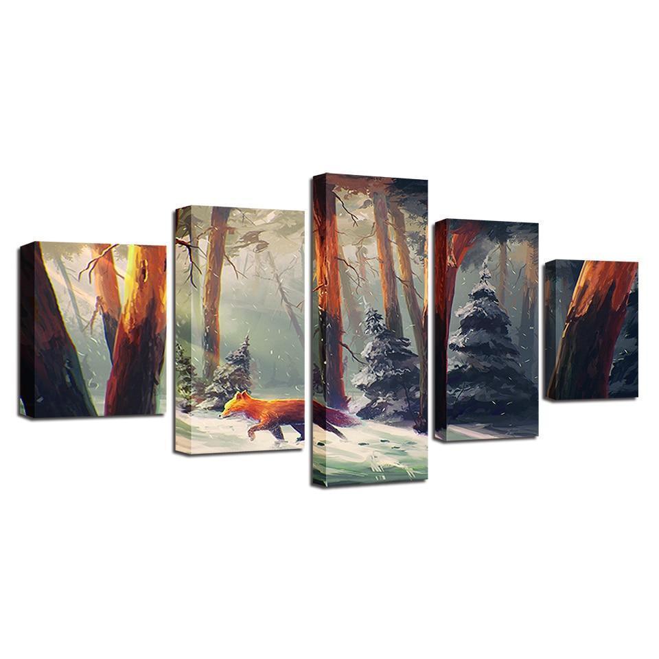 Red Fox In The Winter Forest Animal Canvas Wall Art