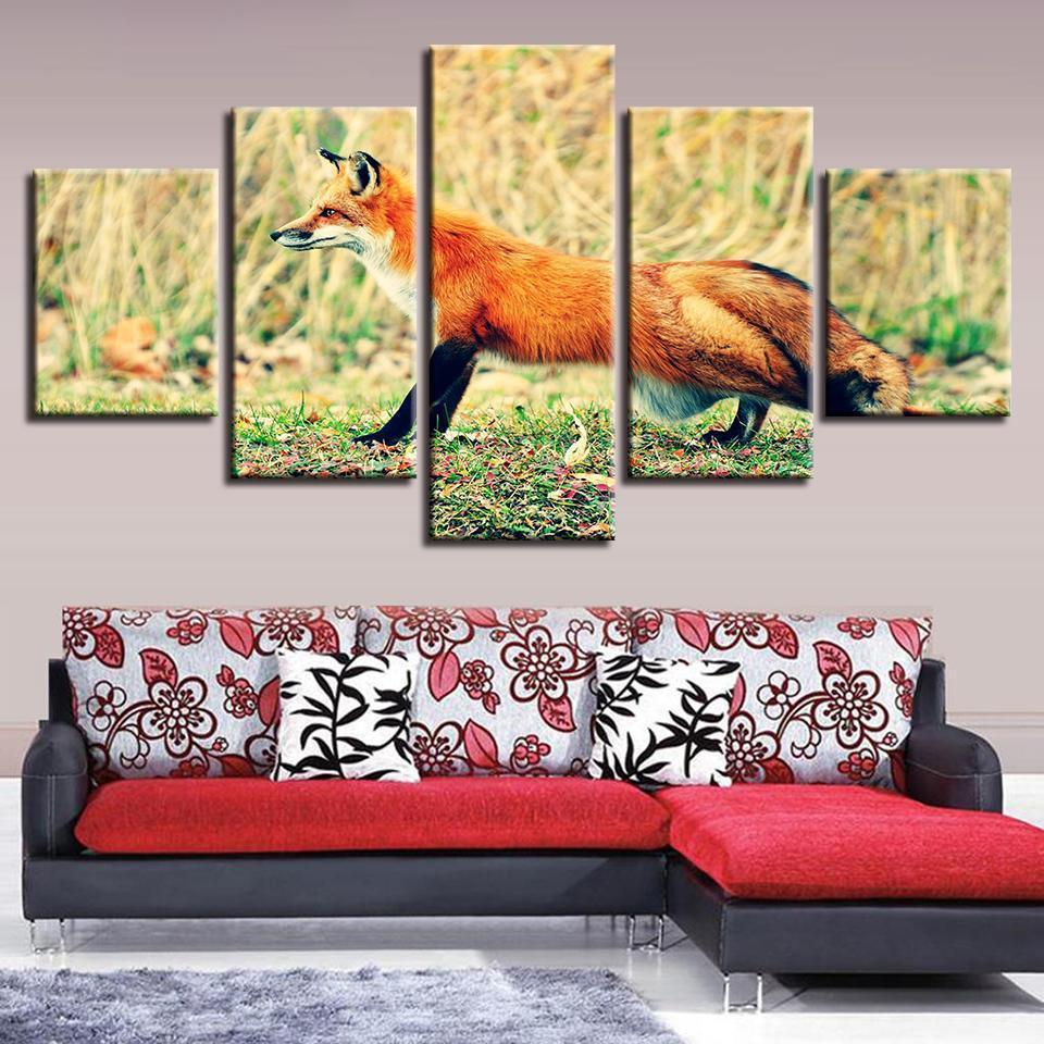 Red Fox On Field Animal Canvas Wall Art