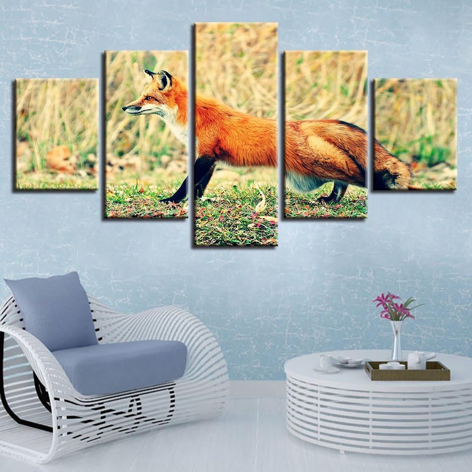 Red Fox On Field Animal Canvas Wall Art