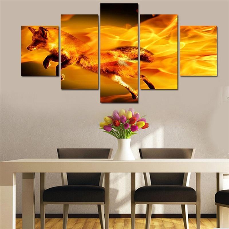 Red Fox On Fire Animal Canvas Wall Art