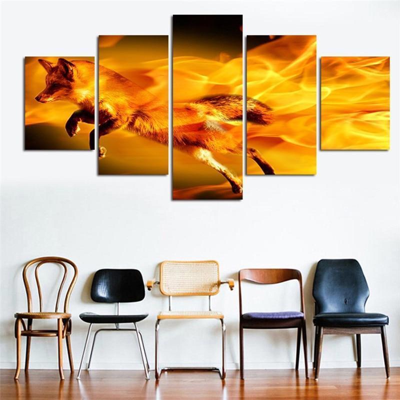 Red Fox On Fire Animal Canvas Wall Art