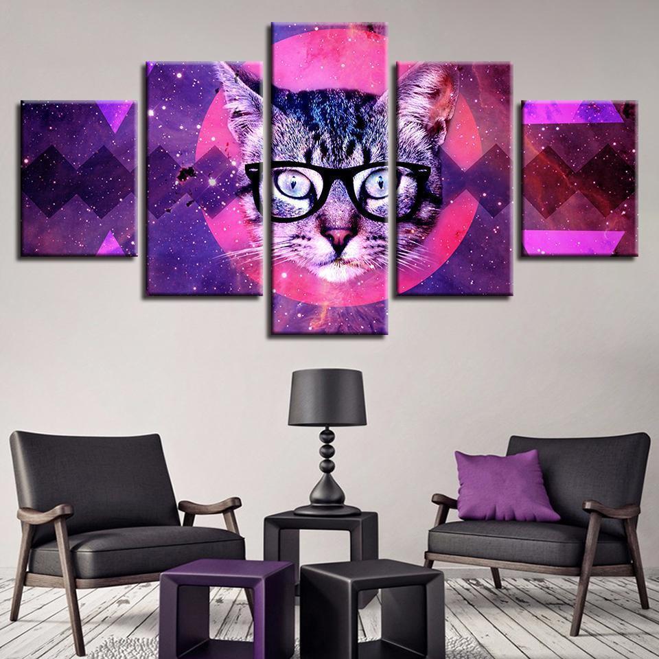 Red Moon Cat With Glasses Abstract Canvas Wall Art