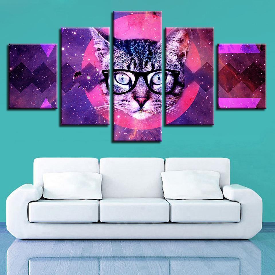 Red Moon Cat With Glasses Abstract Canvas Wall Art