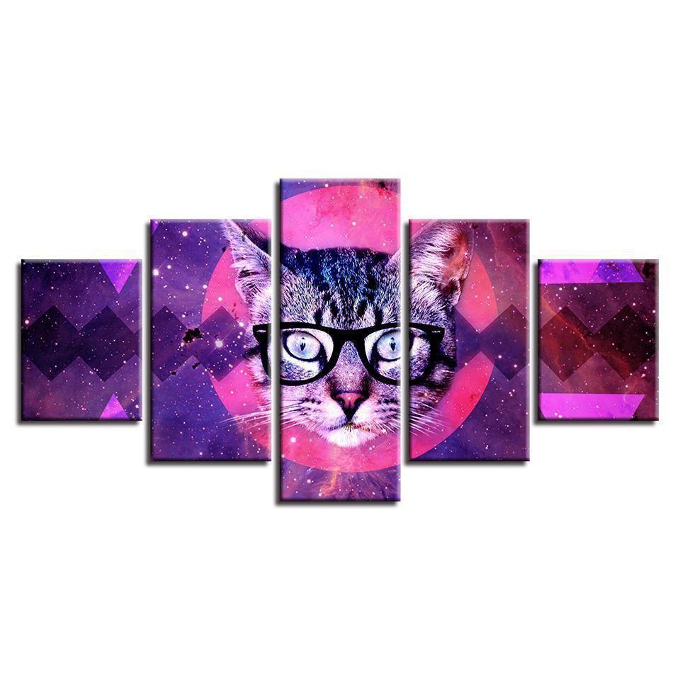 Red Moon Cat With Glasses Abstract Canvas Wall Art