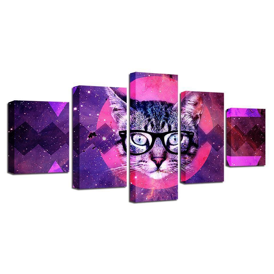 Red Moon Cat With Glasses Abstract Canvas Wall Art