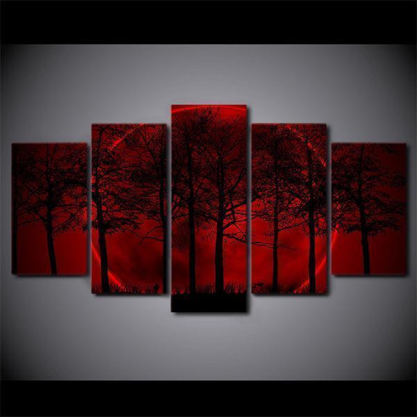 Red Moon Sky Dark Forest Nature Canvas Wall Art