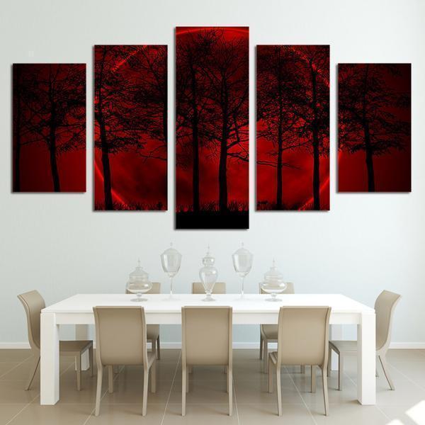 Red Moon Sky Dark Forest Nature Canvas Wall Art
