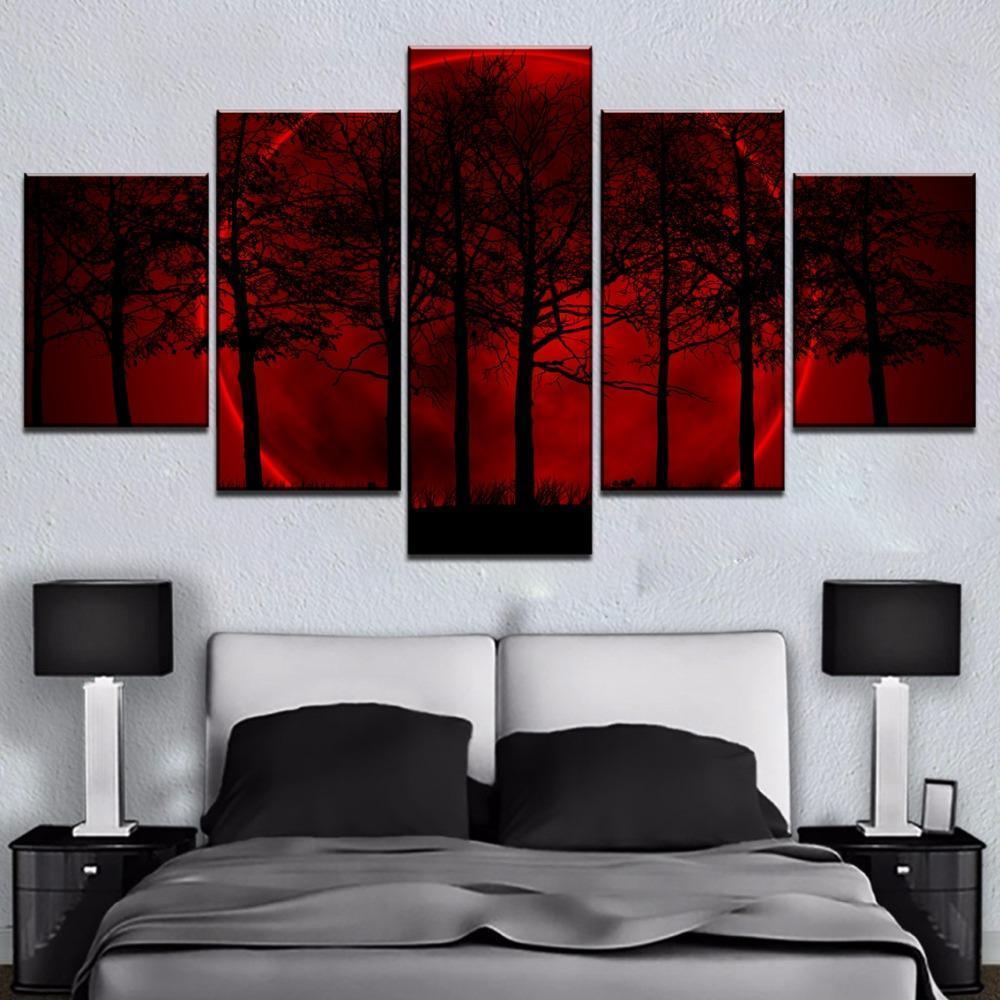 Red Moon Tree Forest Nature Canvas Wall Art
