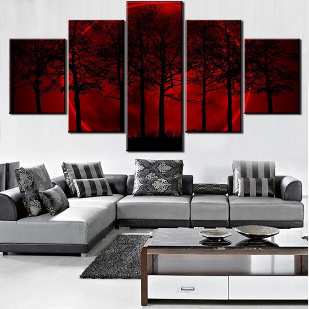 Red Moon Tree Forest Nature Canvas Wall Art