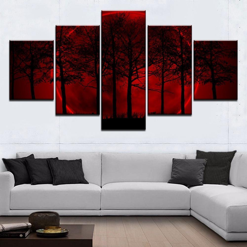 Red Moon Tree Forest Nature Canvas Wall Art