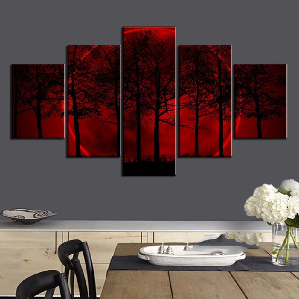 Red Moon Tree Forest Nature Canvas Wall Art