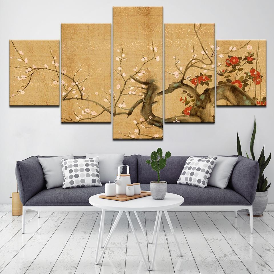 Red Plum Blossom Flowers Nature Canvas Wall Art