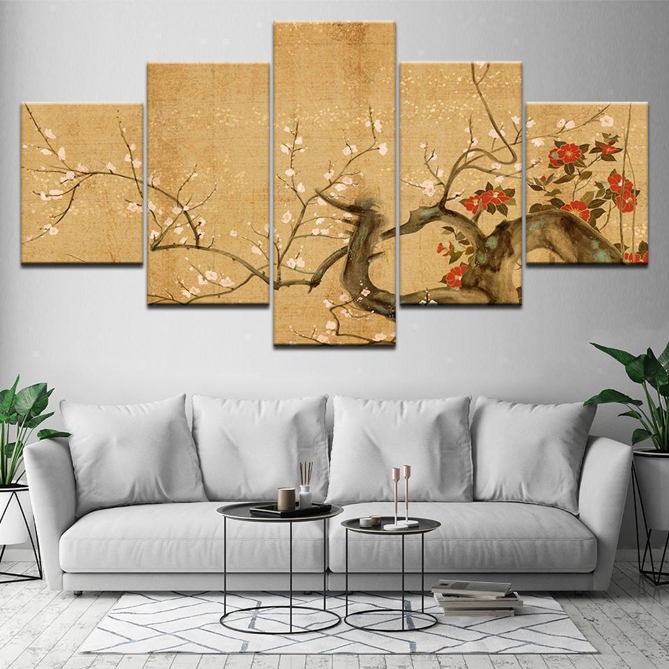 Red Plum Blossom Flowers Nature Canvas Wall Art