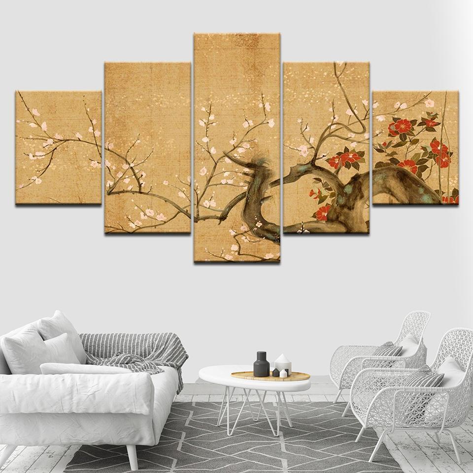 Red Plum Blossom Flowers Nature Canvas Wall Art