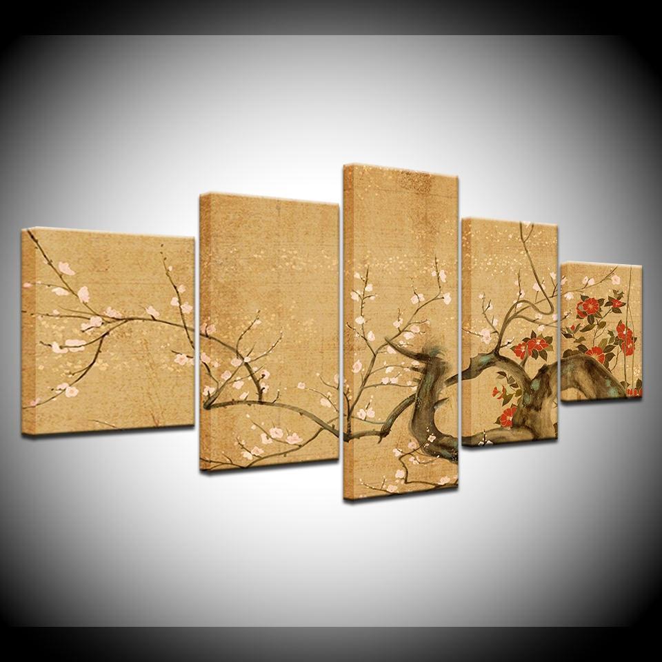 Red Plum Blossom Flowers Nature Canvas Wall Art