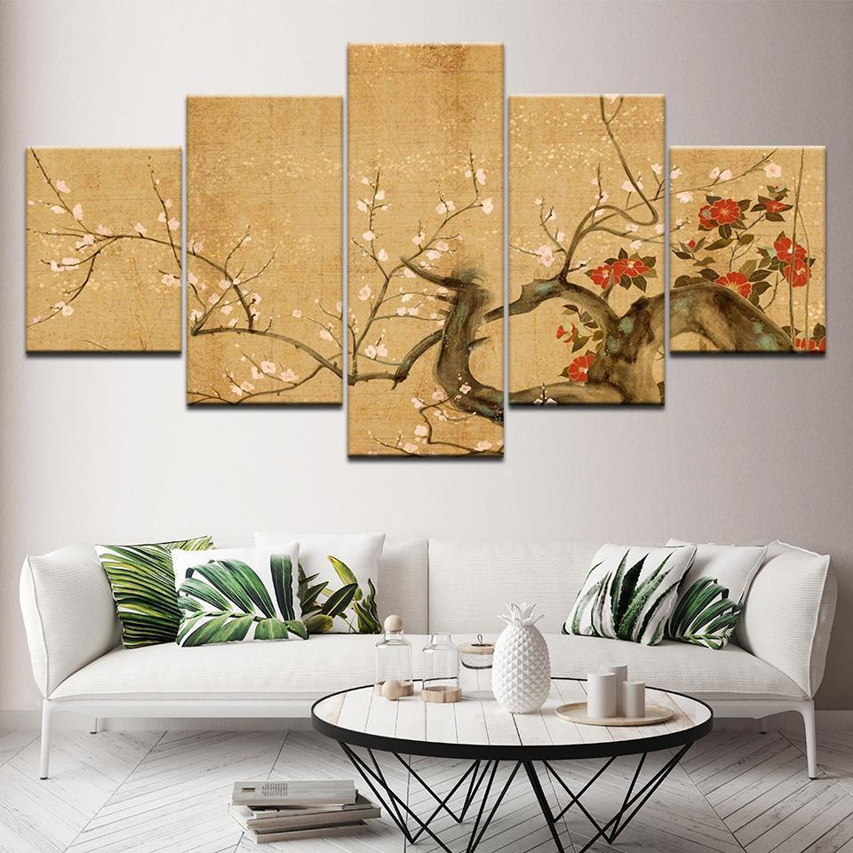 Red Plum Blossom Flowers Nature Canvas Wall Art
