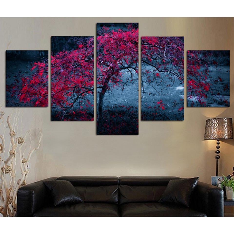 Red Tree Landscape Nature Canvas Wall Art