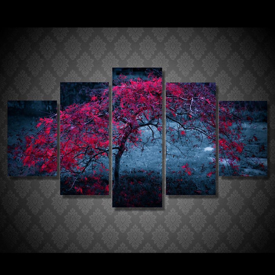 Red Tree Landscape Nature Canvas Wall Art