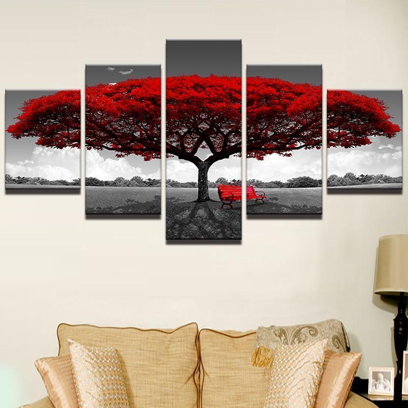 Red Tree Sketch Modern 1 Nature Canvas Wall Art