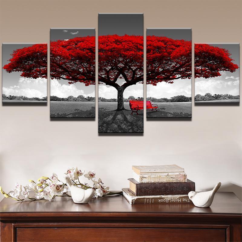 Red Tree Sketch Modern 1 Nature Canvas Wall Art