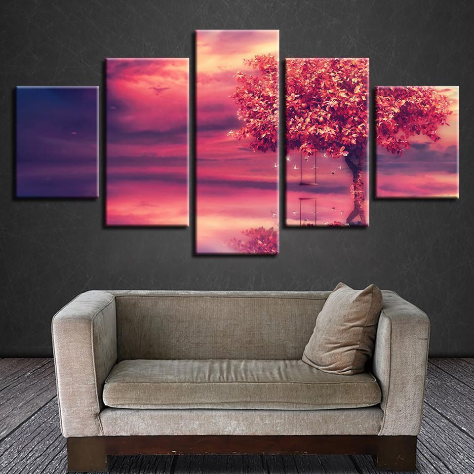 Red Tree Swing Abstract Lake Landscape Nature Canvas Wall Art