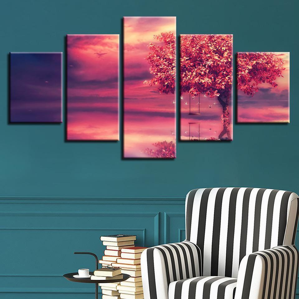 Red Tree Swing Abstract Lake Landscape Nature Canvas Wall Art