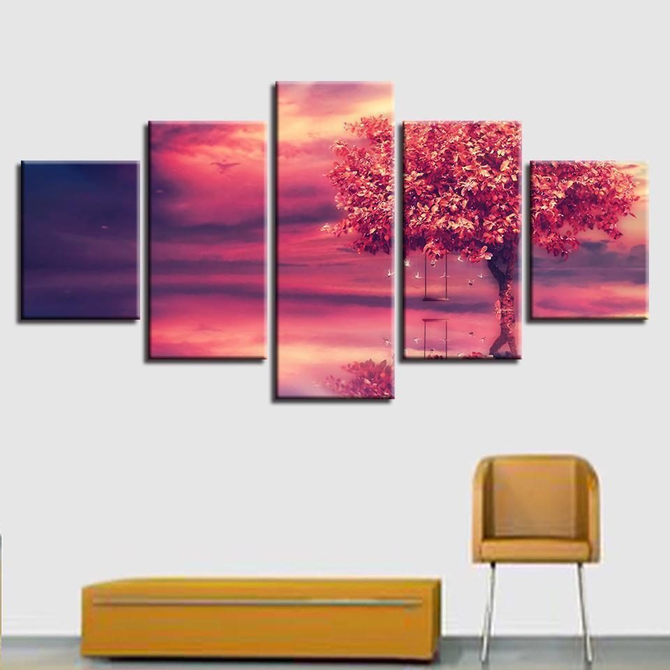 Red Tree Swing Abstract Lake Landscape Nature Canvas Wall Art