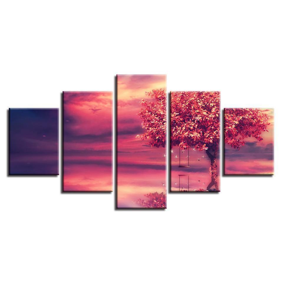 Red Tree Swing Abstract Lake Landscape Nature Canvas Wall Art