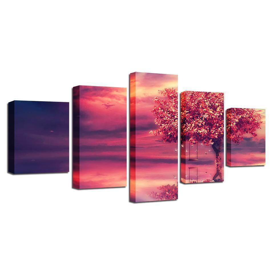 Red Tree Swing Abstract Lake Landscape Nature Canvas Wall Art