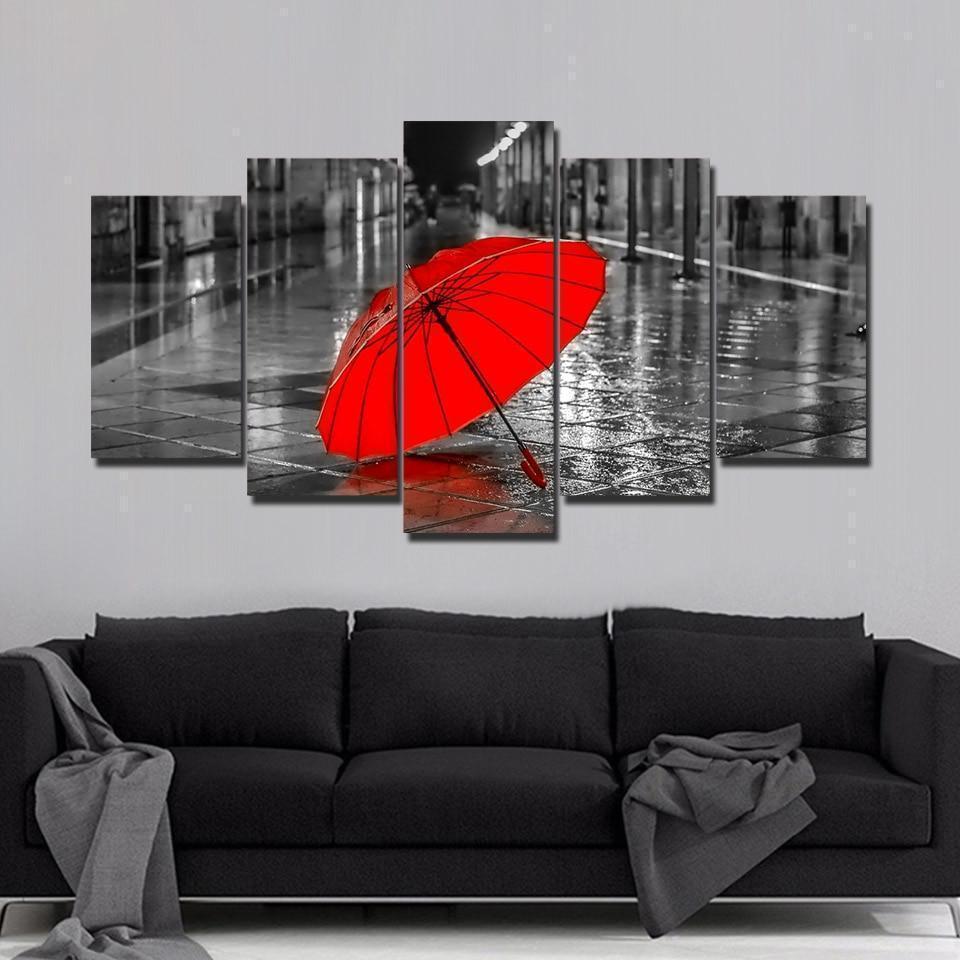 Red Umbrella Raining Landscape Canvas Wall Art