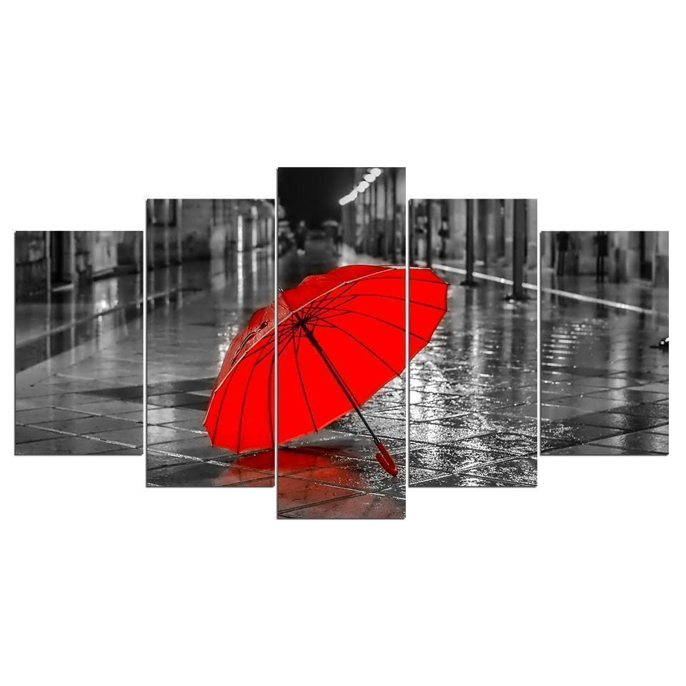Red Umbrella Raining Landscape Canvas Wall Art