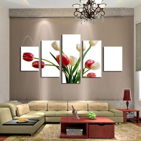 Red White Tulip Flowers Nature Canvas Wall Art