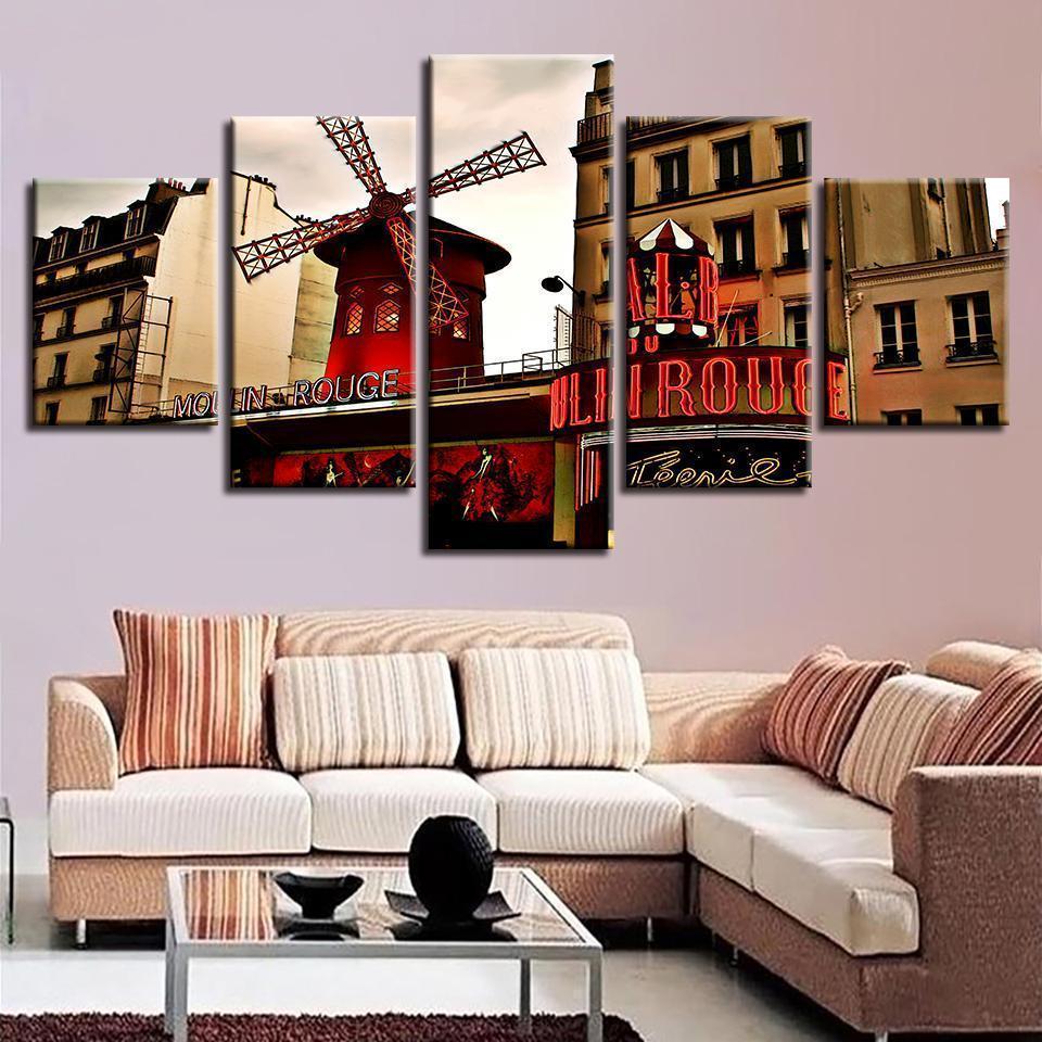 Red Windmill And Building Scenery Nature Canvas Wall Art
