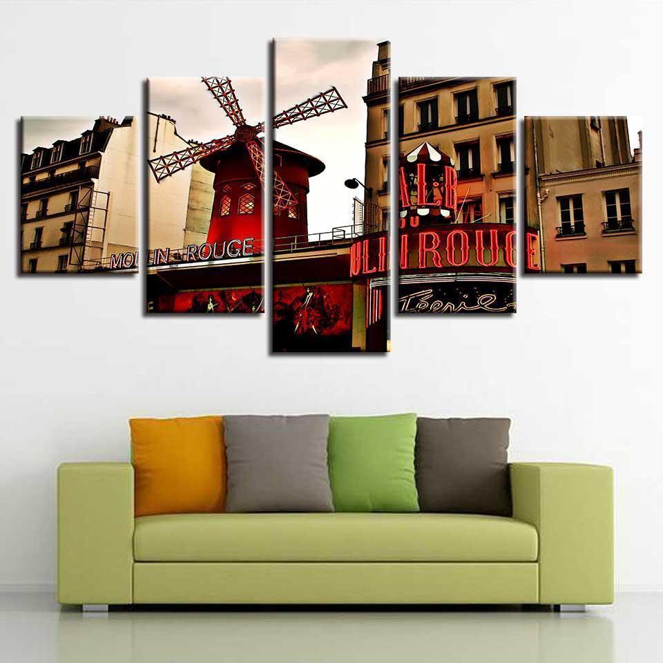 Red Windmill And Building Scenery Nature Canvas Wall Art