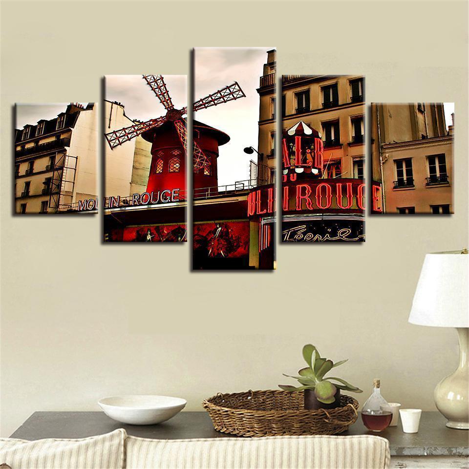 Red Windmill And Building Scenery Nature Canvas Wall Art