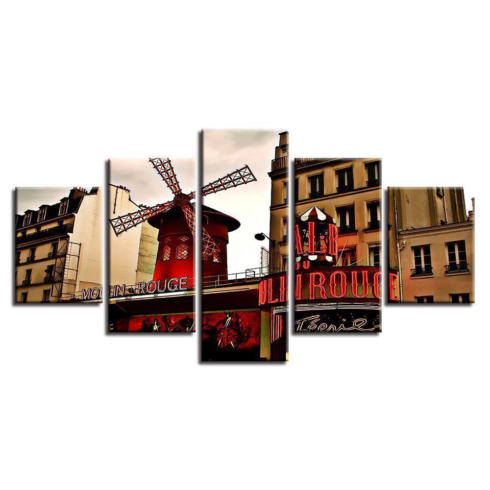 Red Windmill And Building Scenery Nature Canvas Wall Art