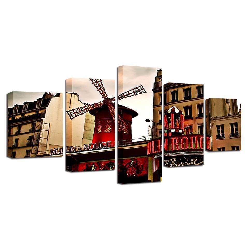 Red Windmill And Building Scenery Nature Canvas Wall Art