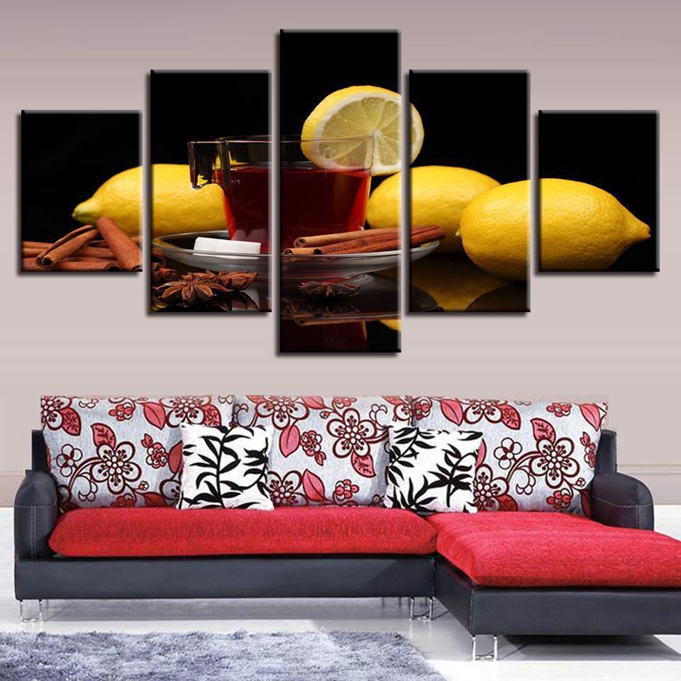 Red Wine And Yellow Lemon Fruit Kitchen Canvas Wall Art