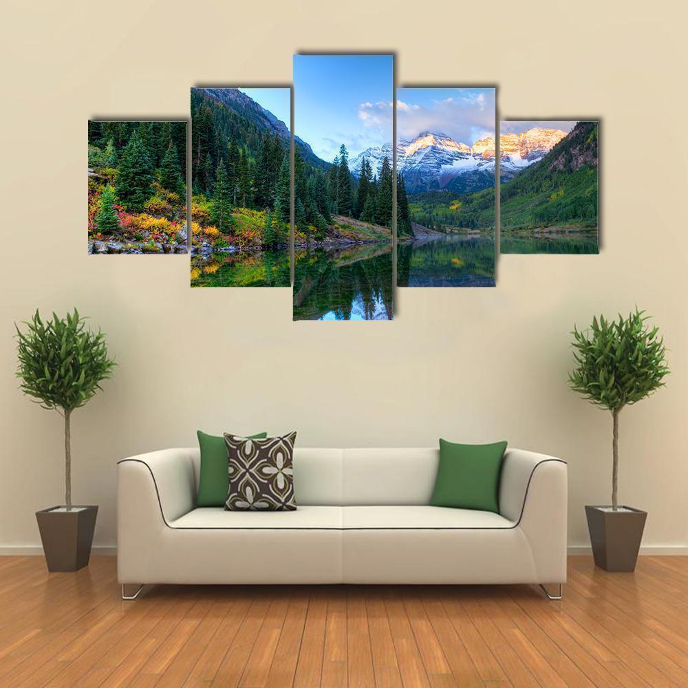 Reflection Of Snowcapped Maroon Bells In Fall Nature Canvas Wall Art