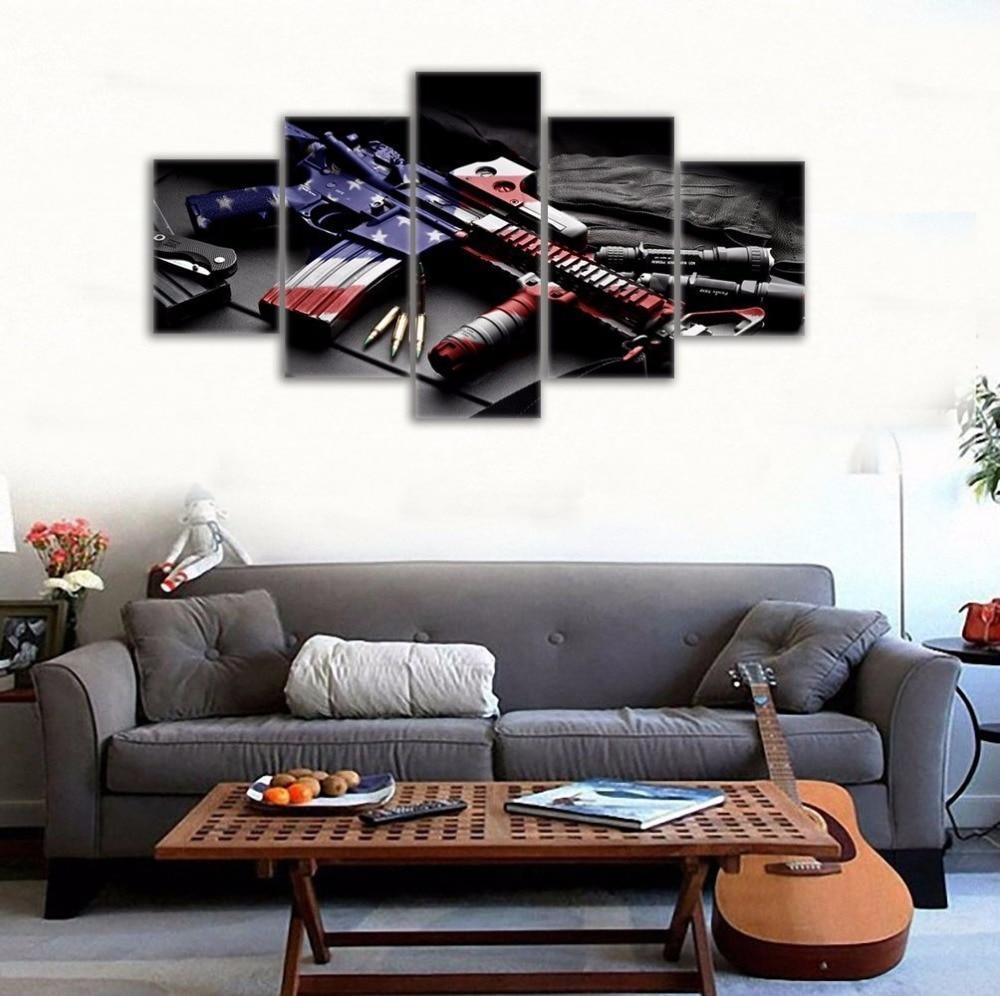 Retro Gun &amp;amp; American Flag Army Canvas Wall Art