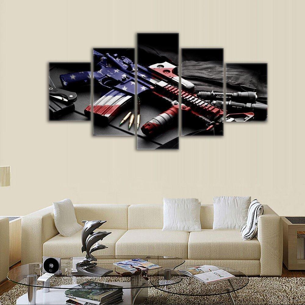 Retro Gun &amp;amp; American Flag Army Canvas Wall Art