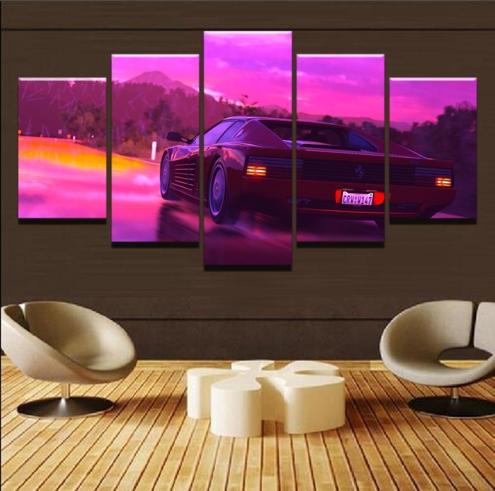 Retro Wave Red Car  Sport Canvas Wall Art