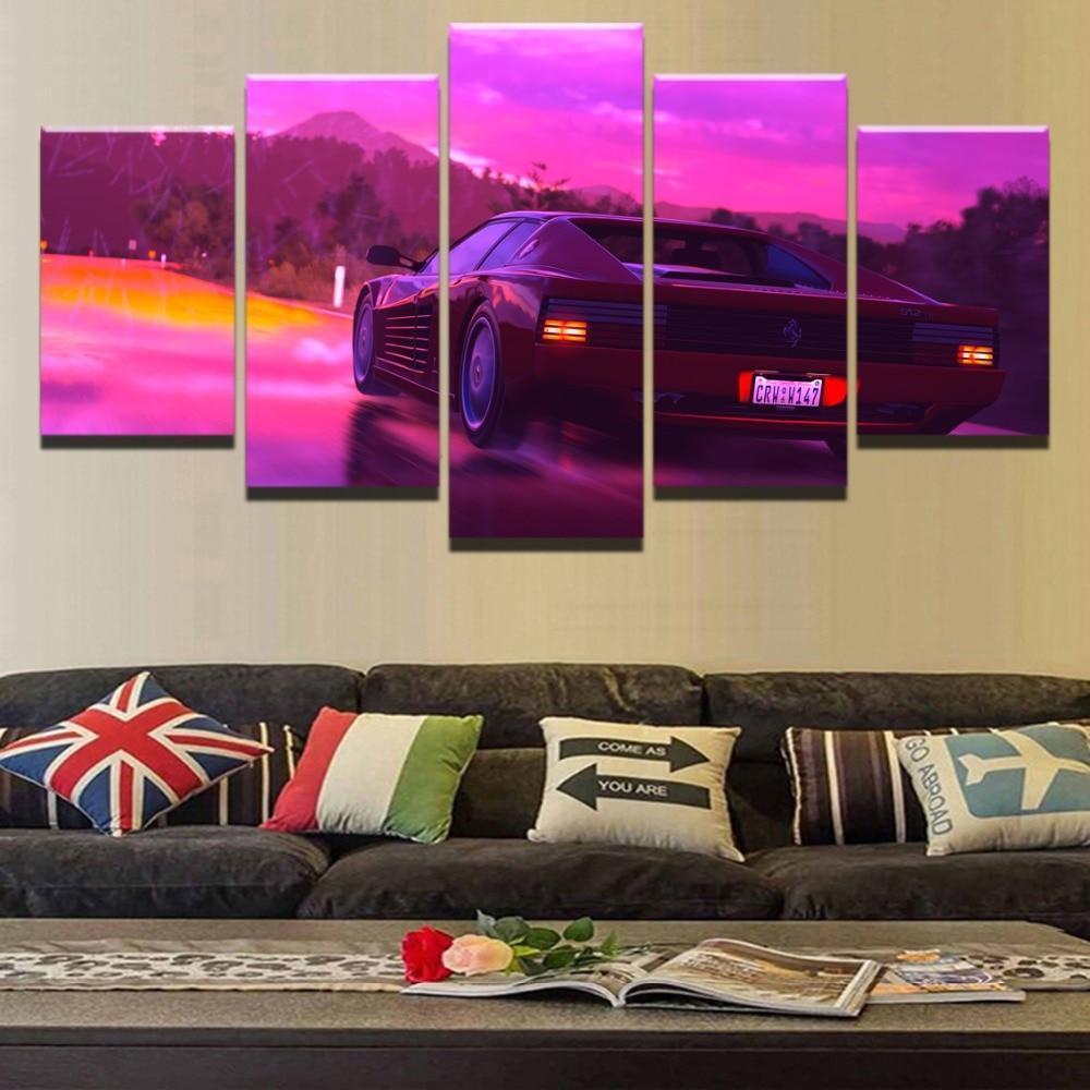 Retro Wave Red Car  Sport Canvas Wall Art