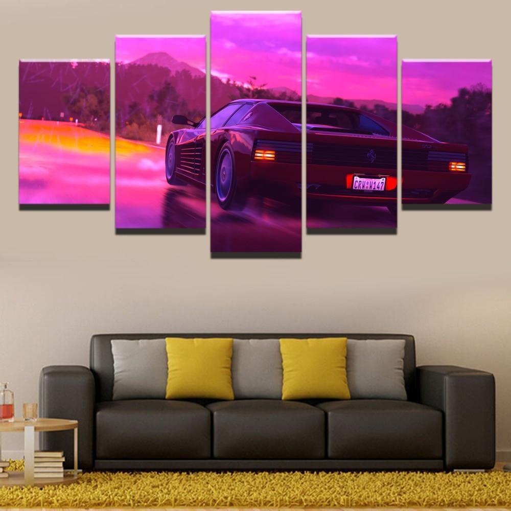 Retro Wave Red Car  Sport Canvas Wall Art