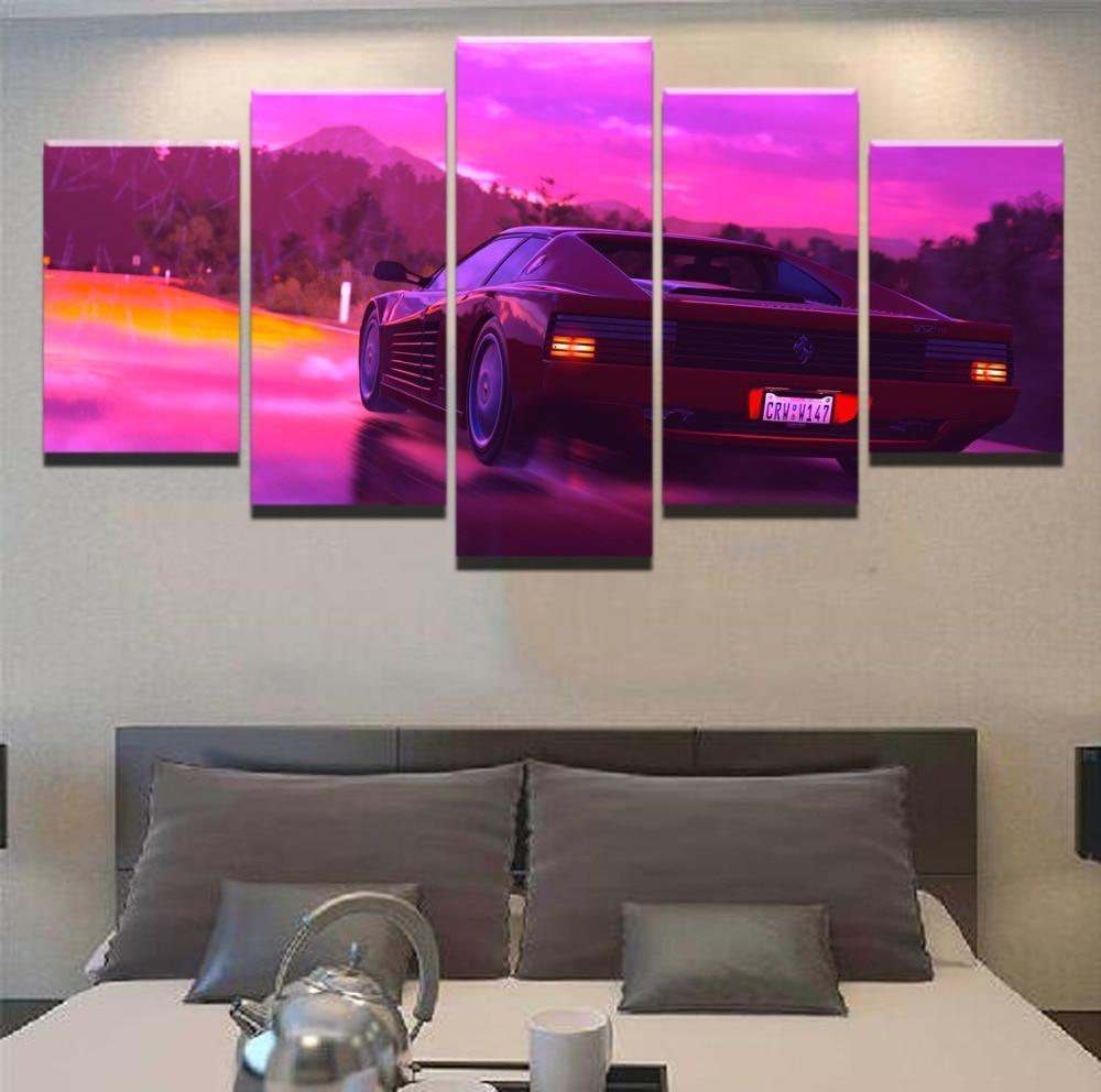 Retro Wave Red Car  Sport Canvas Wall Art